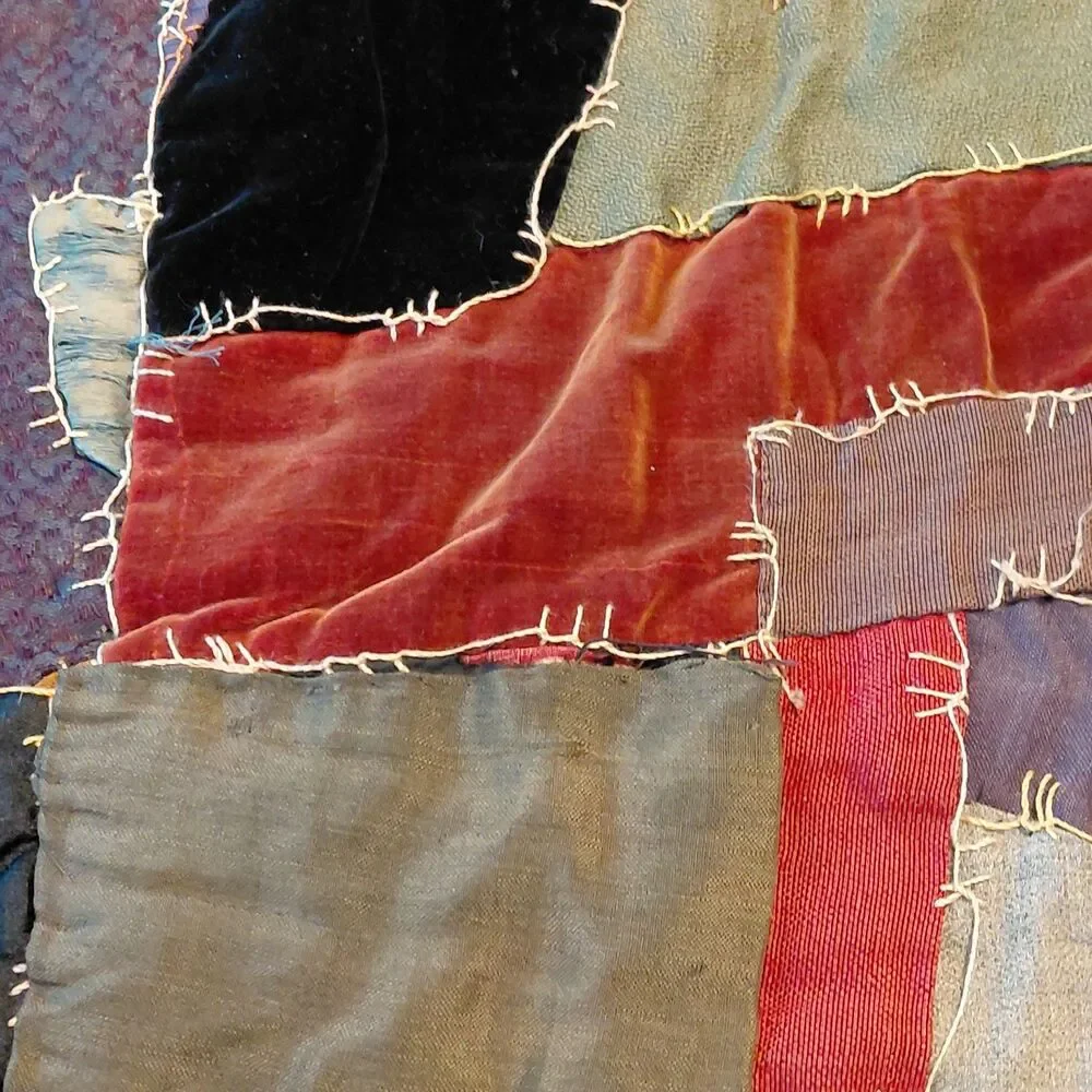 Vtg Handmade Crazy Quilt Early 20th Century Velvet Satins Heavy 78x74 Read